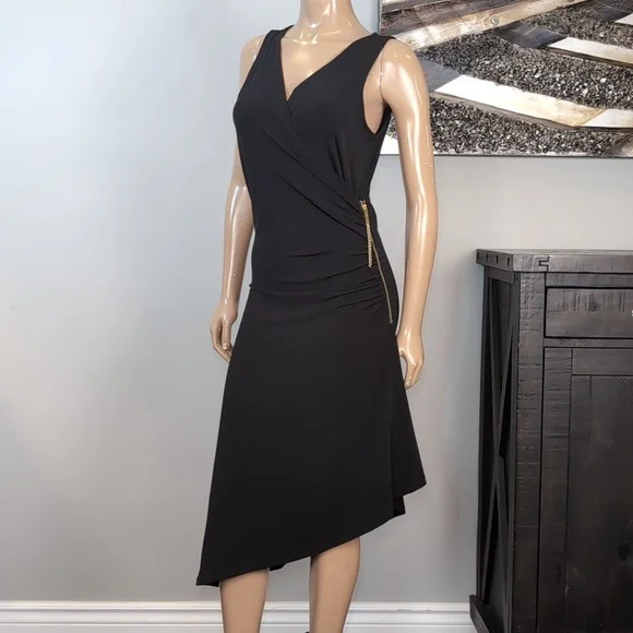 Michael Kors Asymmetric Midi Dress Gold Zipper Sleeveless Black Size Medium - Picture 4 of 12